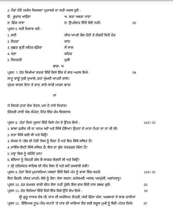 PSEB Class 8 Punjabi First Language Model Test Paper 2024 Download